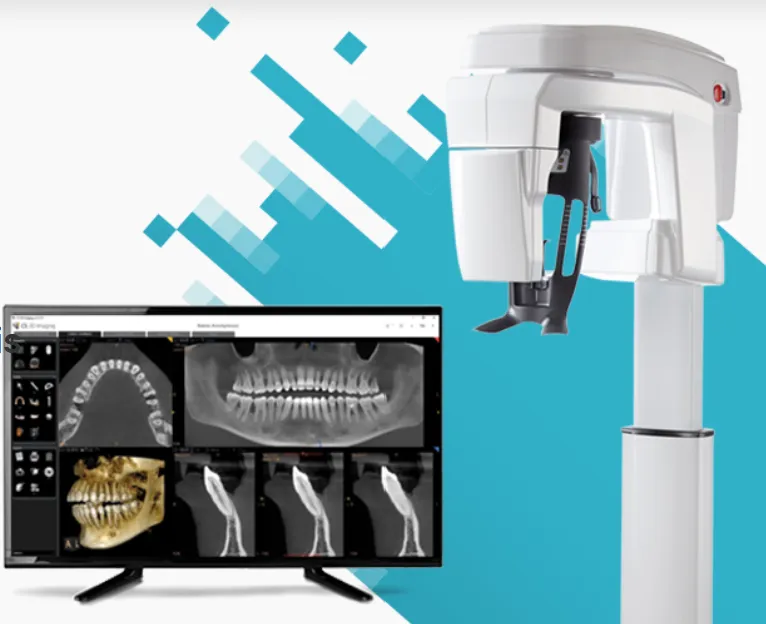 CBCT-Gerät für 3D-Röntgen und ein Bildschirm mit Panorama- und Volumenaufnahmen.