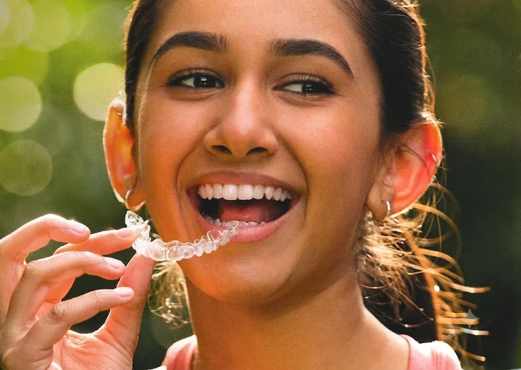 Lächelnde junge Frau mit einer transparenten Invisalign-Schiene.